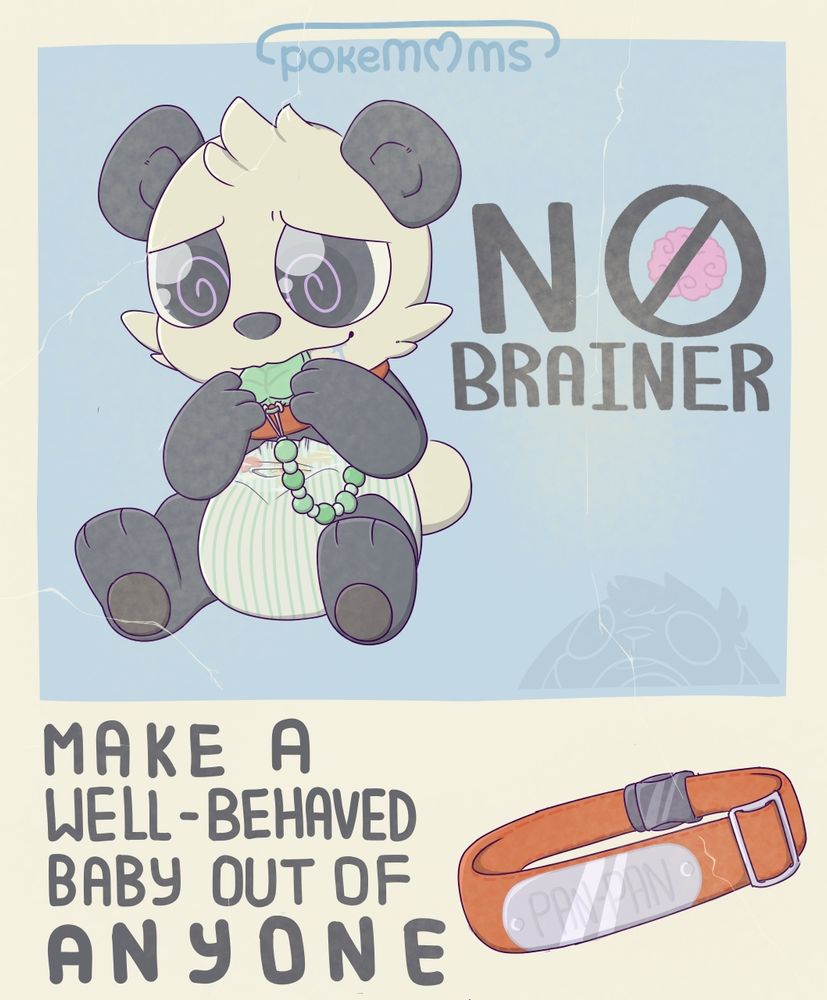 A illustration made to look like a an old magazine advertisement showcasing a collar ensuring good behavior as shown by a diapered pancham becoming baby brained and drooling on a teether as they wear the collar
