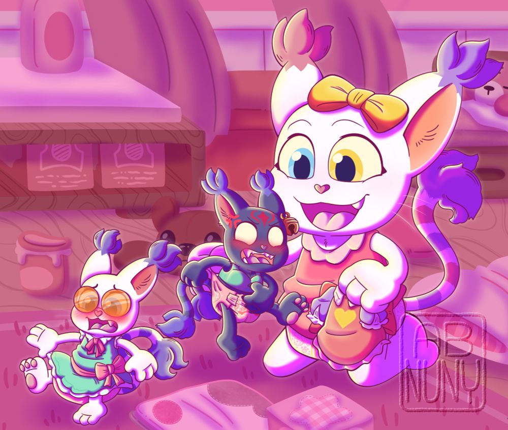 A white furred gatomon in a pink sleevess dress and diaper kneeling in their pink room, holding up a pink dress in one hand, while dangling a shrunken black gatomon by their diaper, 

the black gatomon greatly embarrassed and trying to swat away at the dress

A nearby shrunken gatomon with orange sunglasses waddling due to thick diaper placed on them and embarrassed due to being made to wear a dress 