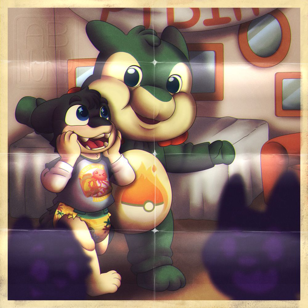 Noah, dressed in a hawaiian themed huggies diaper and long sleeve, t-shirt combo, being surprised by a typloshion care cousin for his birthday 