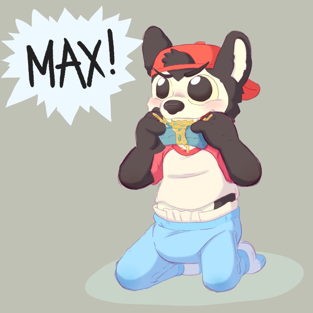 Max, dressed in pajama bottoms, socks, and a short shirt slightly exposing his belly and obvious diaper peak and silhouette around his pajamas bottoms, biting on to a juice box like a vampire