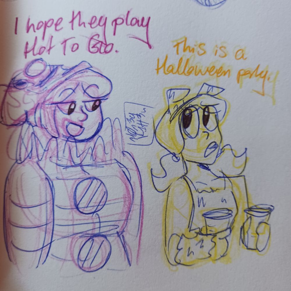 Jenna in her clown costume: I hope they play Hot To Go.
Brooke in her sexy dog costume with two solo cups: This is a Halloween party.
