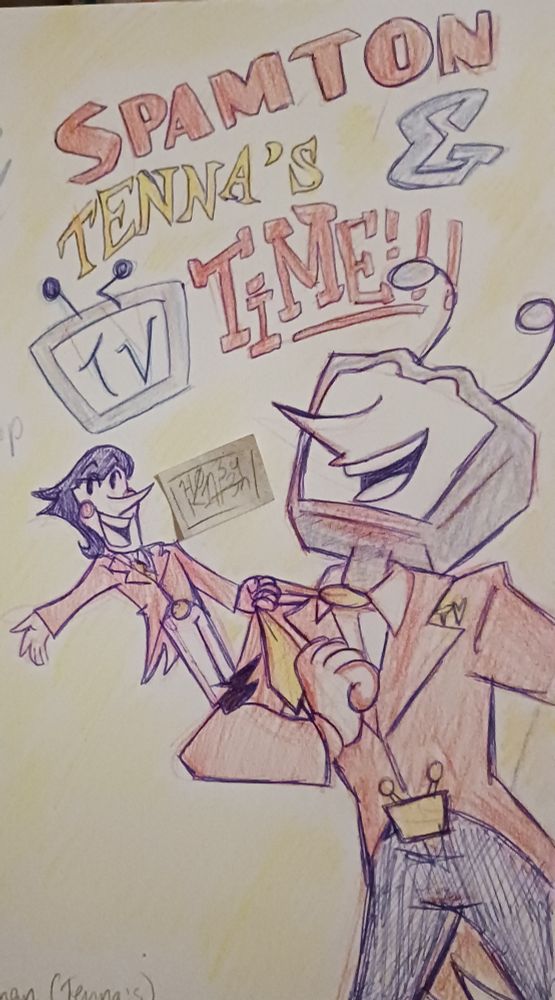 The "Mr. (Ant) Tenna's TV Time!!!" logo is altered to say "Spamton & Tenna's TV Time!!!"
Spamton leans back while standing on the side of Tenna's arm, holding onto Tenna's tie for balance. They wear matching red suit jackets and yellow neckties. Spamton wears white pants while Tenna wears black pants.