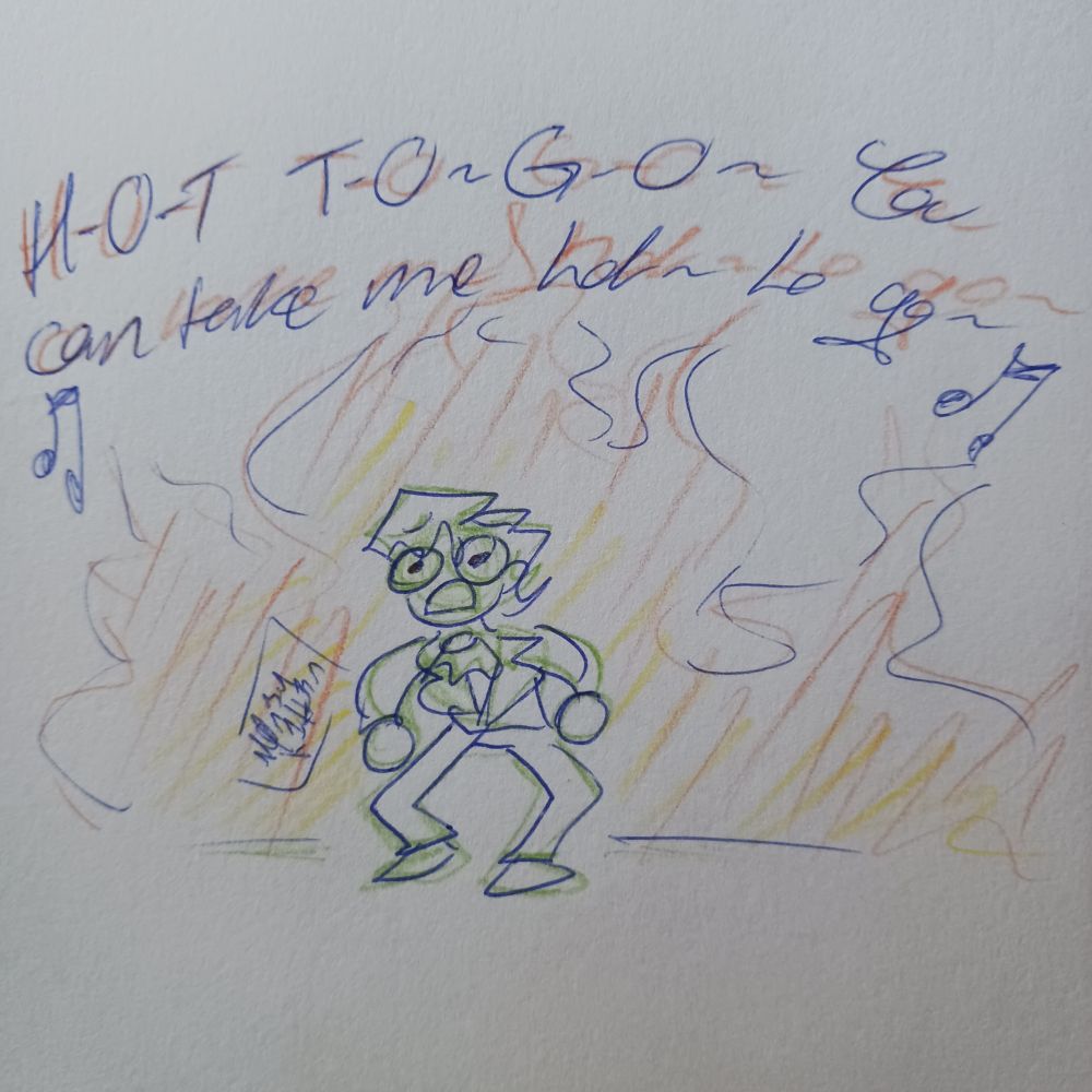 Jake is surrounded by flames in his Prince costume
🎵H-O-T T-O~ G-O~ You can take me hot~ to go~🎵
