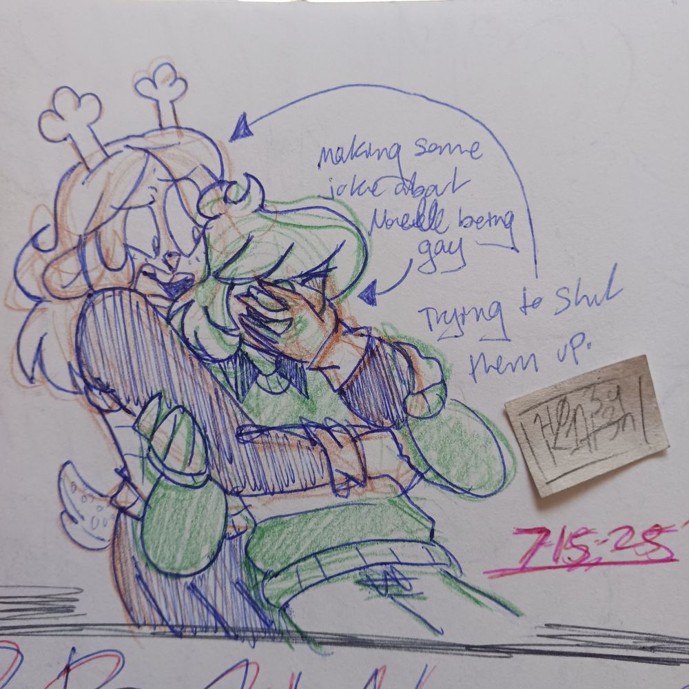 Noelle holds Kris from behind with one hand haphazardly over their mouth, which they are licking. An arrow points to Kris saying "Making some joke about Noelle gay" while an arrow pointing to Noelle says "Trying to shut them up"