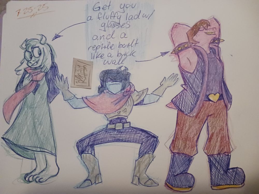 Kris stands between Ralsei and Susie in a crouching position and their arms stretched out. Text above them reads "Get you a fluffy lad w/ glasses and a reptile built like a brick wall" with arrows pointing to Ralsei and Susie respectively.