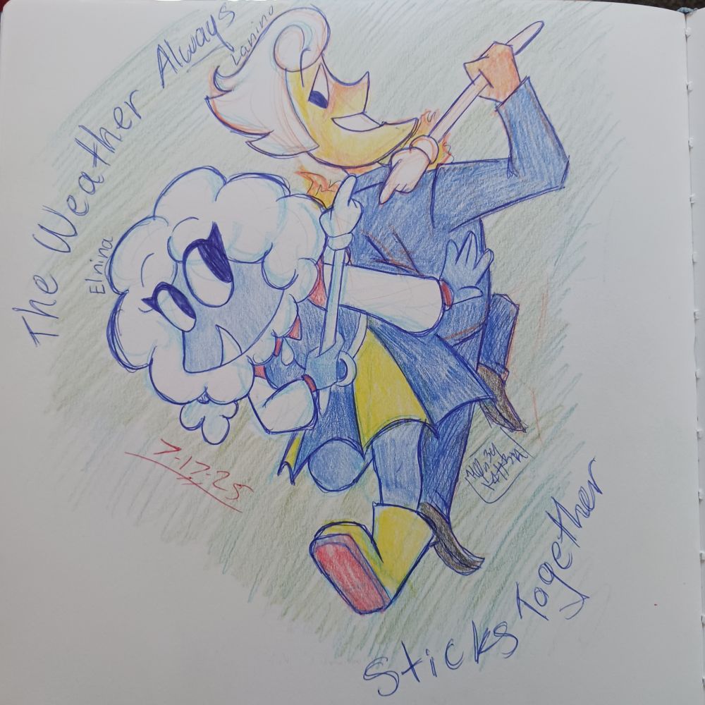 Elnina and Lanino pose with their tag line "The Weather Always Sticks Together" written around them.