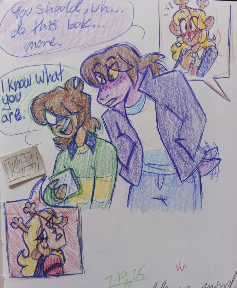 Susie, looking over Kris's shoulder at the CD cover with Noelle in dark makeup with her tail wagging: You should, uh... do this look... more.
[Noelle looks flustered off-screen]
Kris: *I know what you are.*