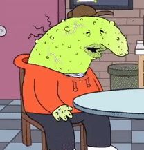 Screenshot from Smiling Friends showing Charlie Dompler sick as a dog after taking a random potion from a stranger earlier in the episode