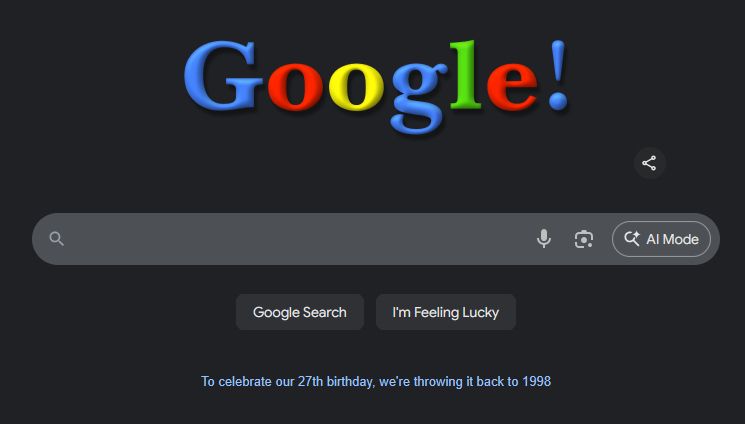 Screenshot of today's Google Doodle commemorating it's 27th anniversary, with the logo redesigned to appear as it originally did at the company's founding, showing a stark difference from the current minimalist design we have now with it's shading, richer colors, rounded edges, a more organic font and an exclamation point