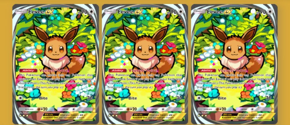 Three 3* Eevee EX Full art cards, lined up next to eachother, in a binder, in Pokemon TCG Pocket