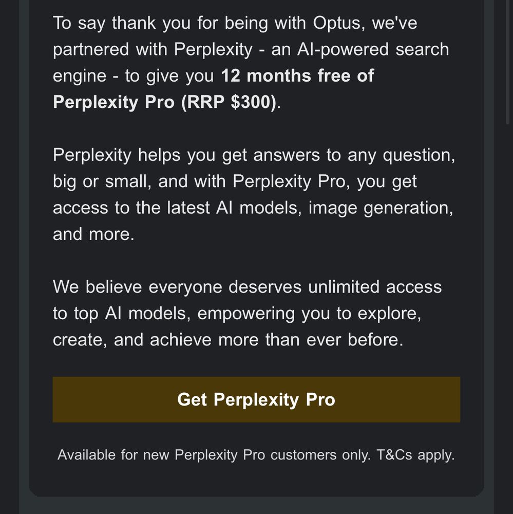 An email offering 12 months free of AI search engine Perplexity Pro