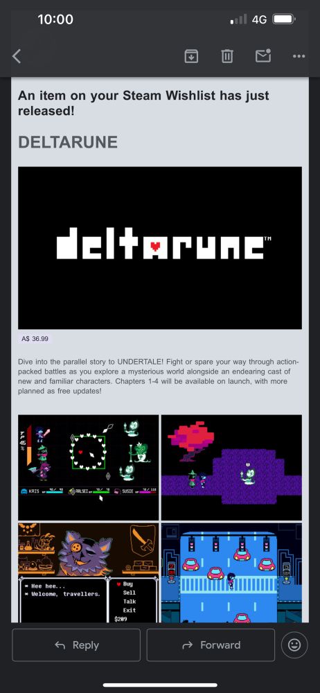 Email from Steam saying that Deltarune is now available 