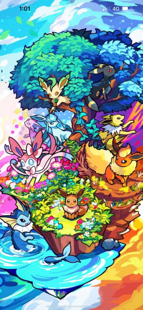 Full screen art of the 3 star Eevee EX Card that includes Eevee and all the eeveelutions  