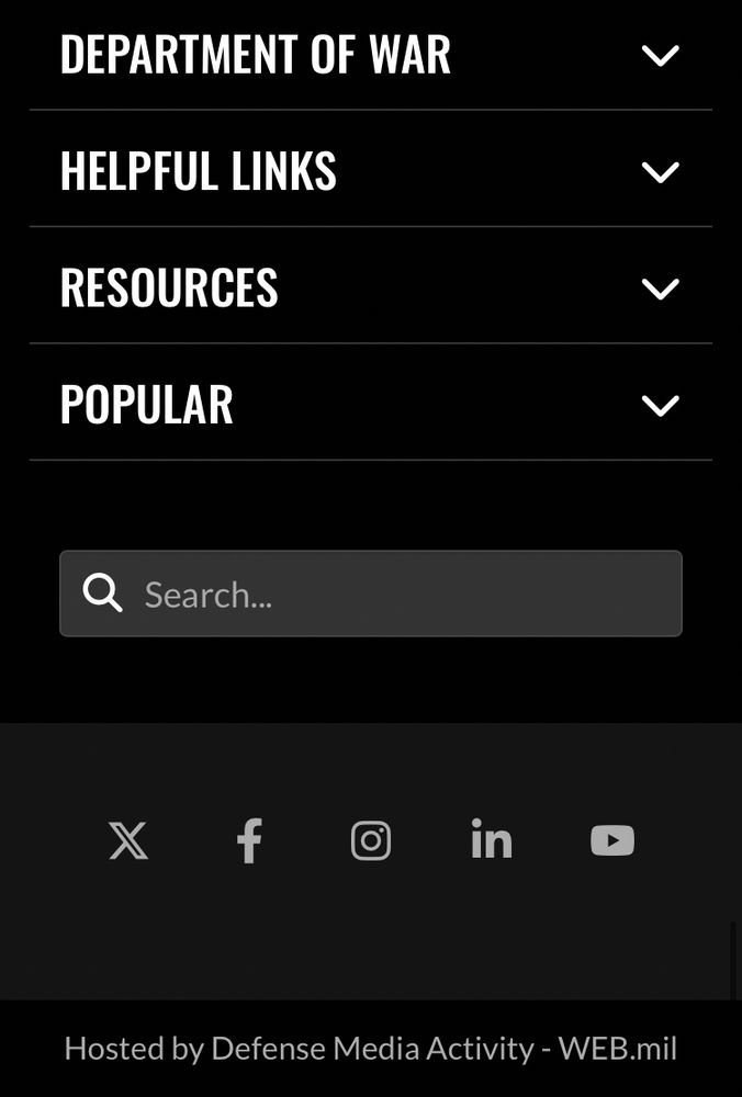 Department of War web page footer: no mention of Veterans Crisis Line