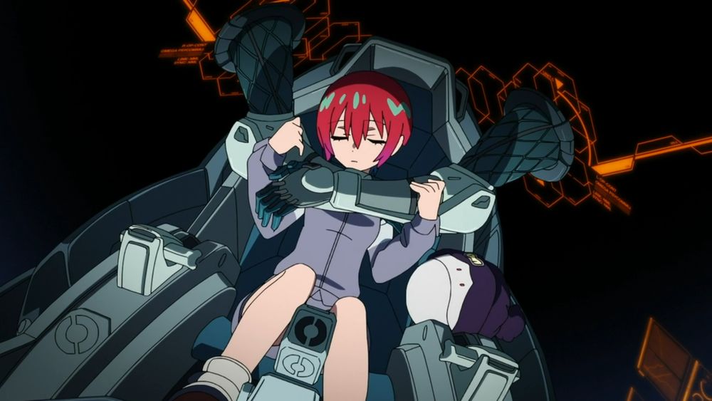 screencap from Gundam GQuuuuuuX, Machu sleeping in the cockpit with a couple of big mechanical arms embracing her