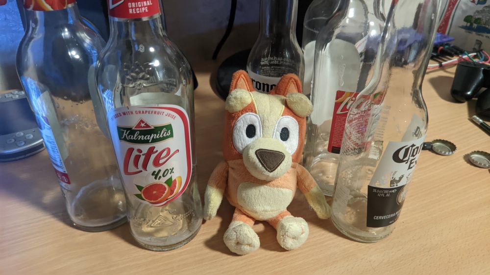 Bingo plush surrounded by 7 empty beer bottles