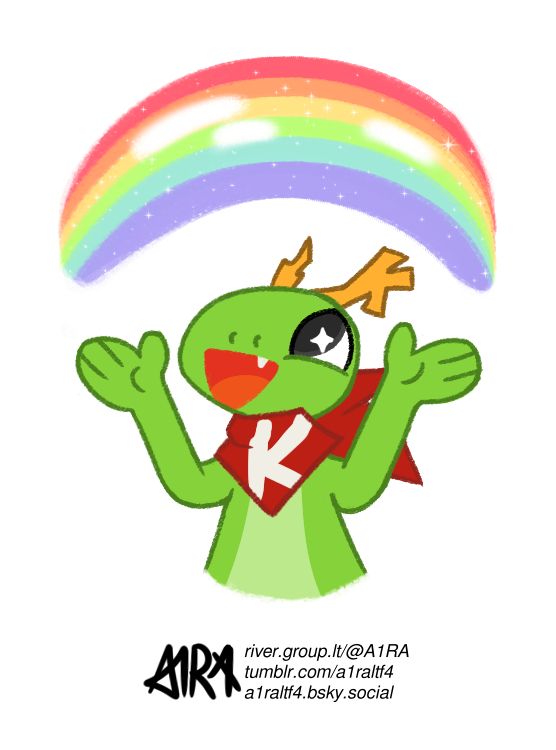 Drawing of KDE's mascot Konqi in a white background with upturned arms and a rainbow above his head.