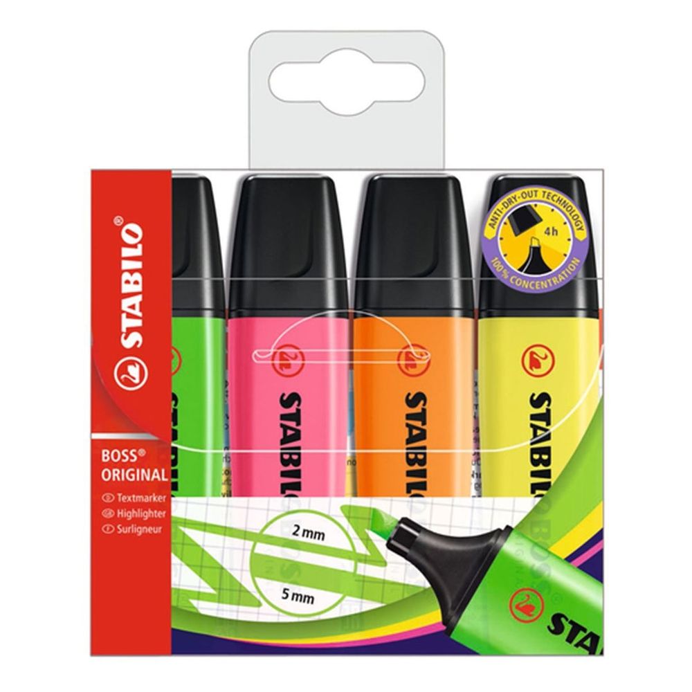 A set of 4 neon highlighter colours, green pink orange and yellow. Similar to the neon colours of the presenters' suits in the above skeet.