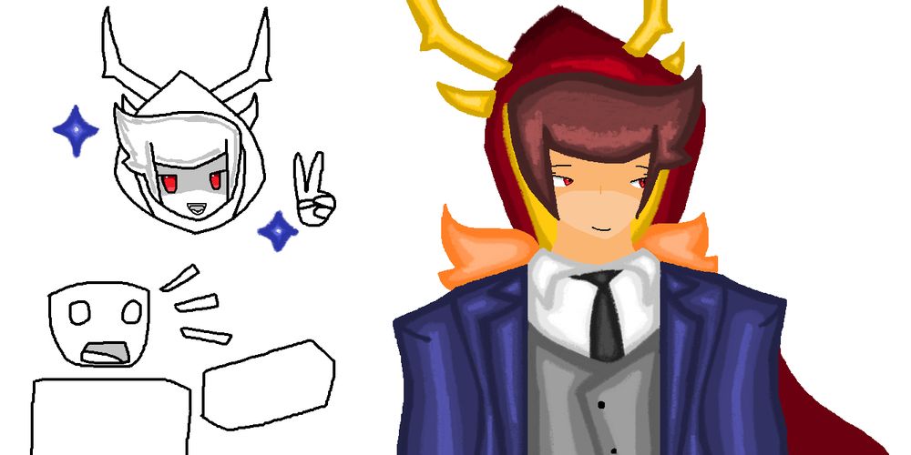 an illustration of a Roblox player with antlers, one colored and the other with no color at all. the colorless one only shows his head where he gestures with a "peace sign"

another yet colorless blocky roblox player points at him with a shocked/surprised expression, possibly noting that he is the founder of Pinewood.