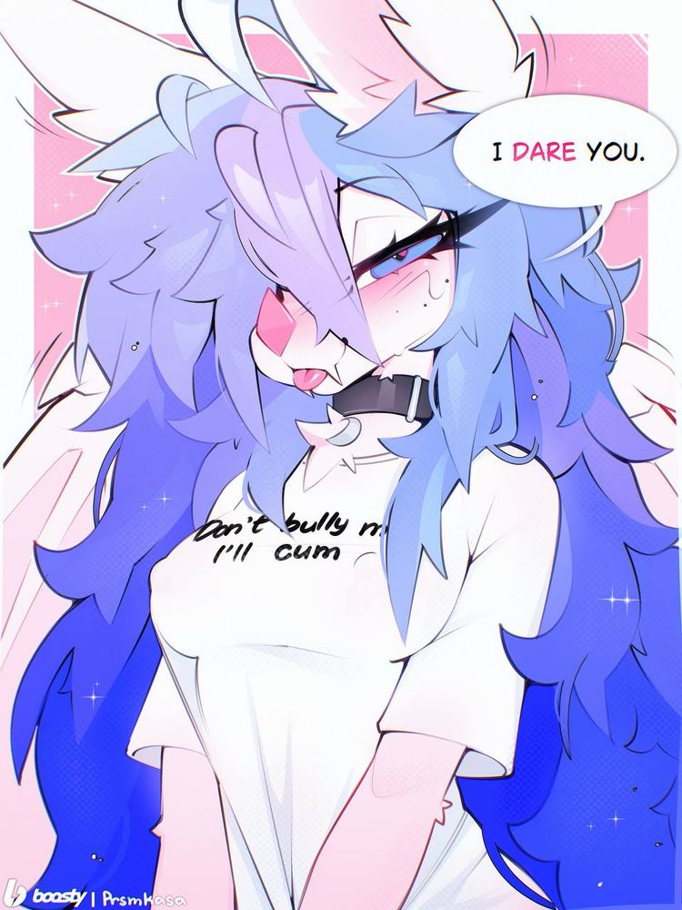 Anthro albino bat Prism saying ‘I DARE you’ while wearing ‘don’t bully me I’ll cum’ t-shirt with a smug face 