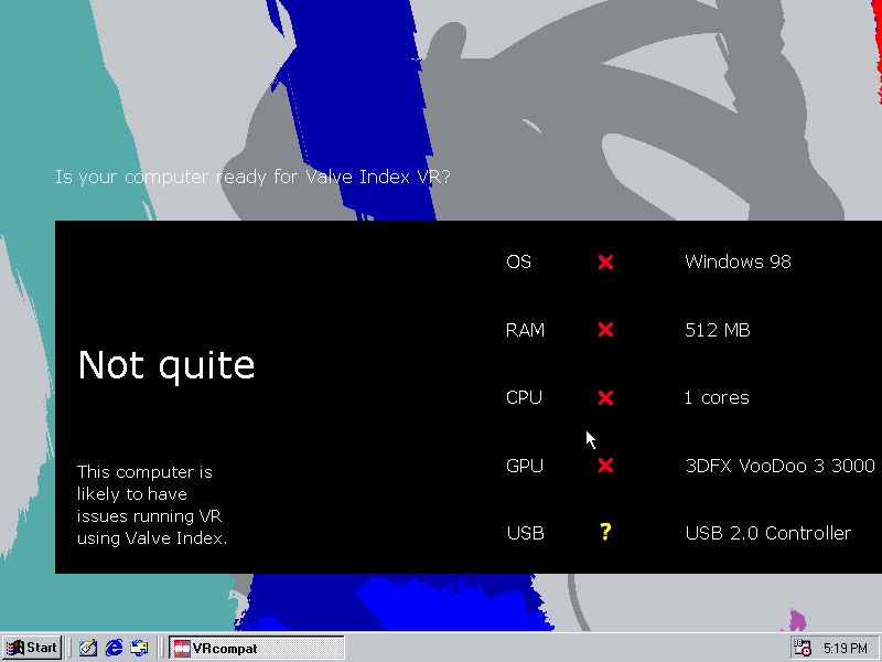 Screenshot of Valve's "Are you ready for Valve Index?" application running on a hilariously out of date Windows 98 machine.