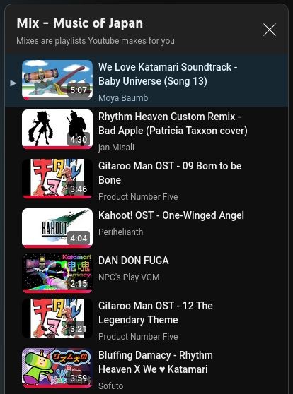 YouTube Mix "Music of Japan" and it's all video game OST 