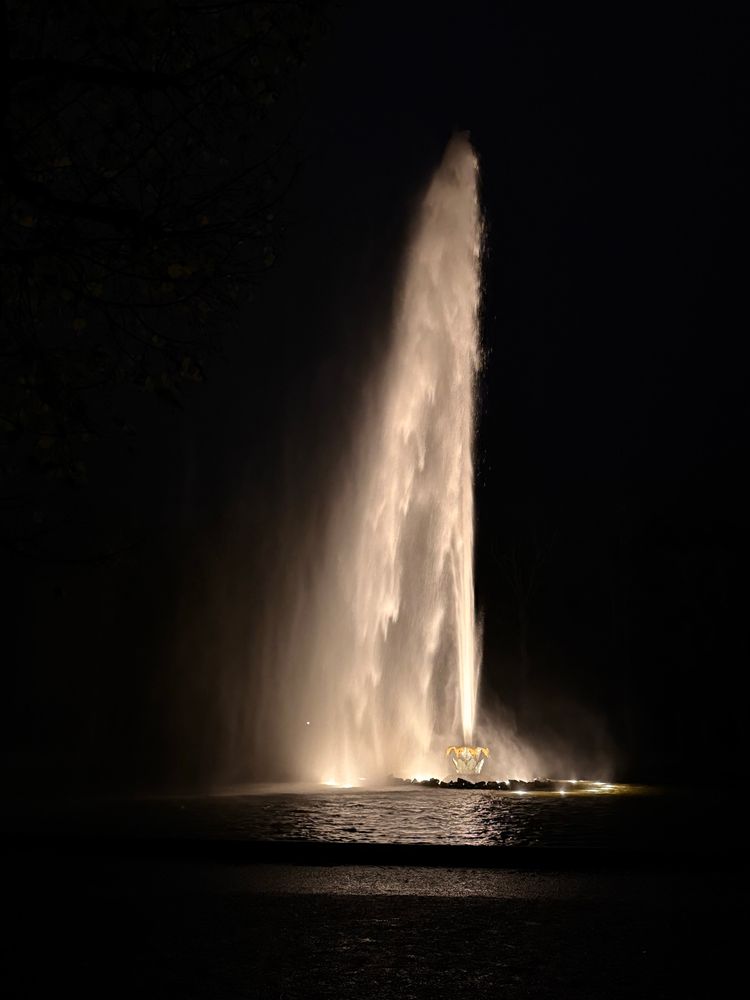 Die große Fontäne in Herrenhausen hell angestrahlt - drum herum Dunkelheit 