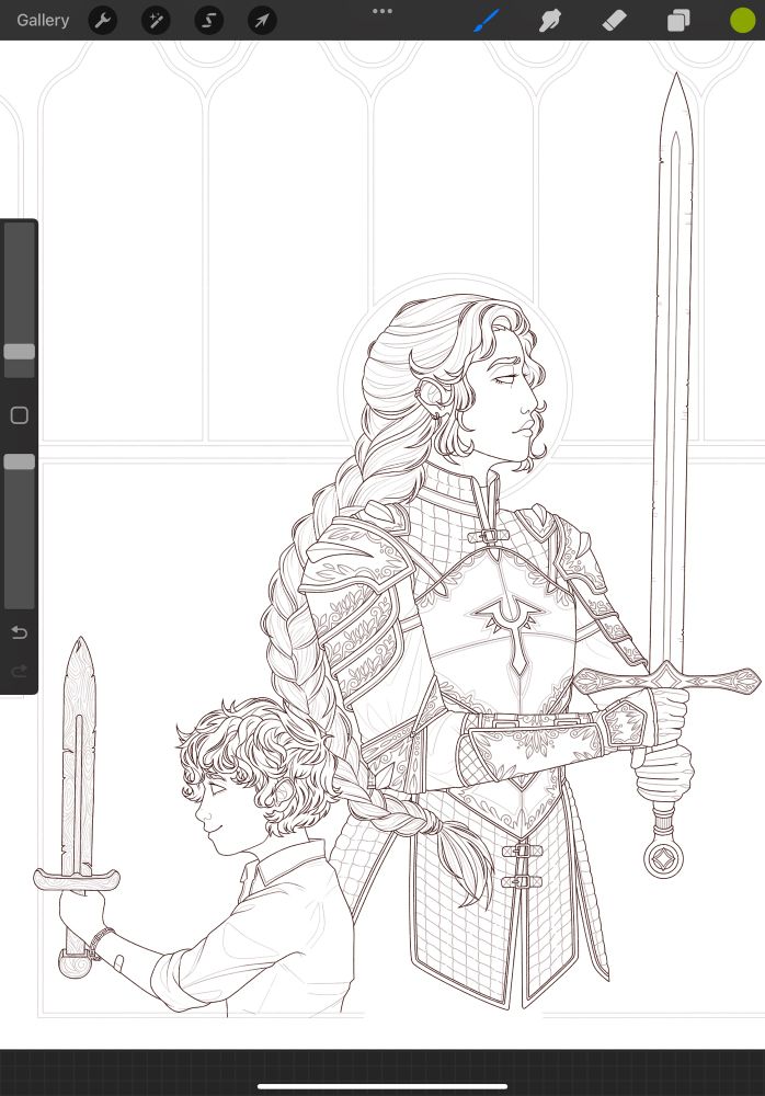 Woman in armor holding a sword standing back to back with a small child holding a wooden sword