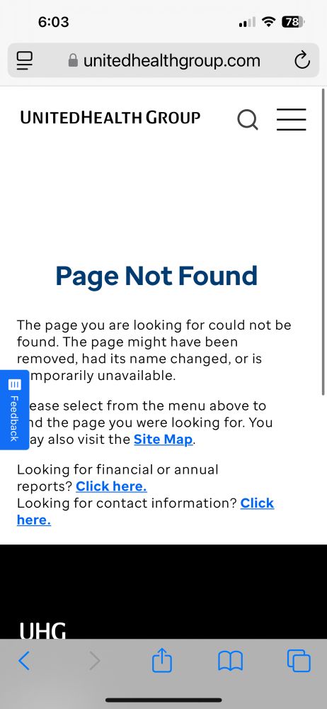 A screenshot of the UnitedHealth group website where Brian Thompson’s bio used to be. It now says “Page Not Found”