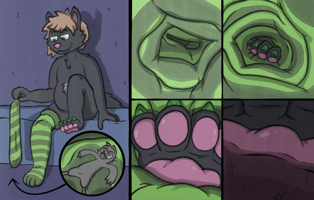 Sequence of a cute grey birdy getting trapped in black cat floob's striped green sock, and an inside POV of my paw sliding toward them before squishing <3