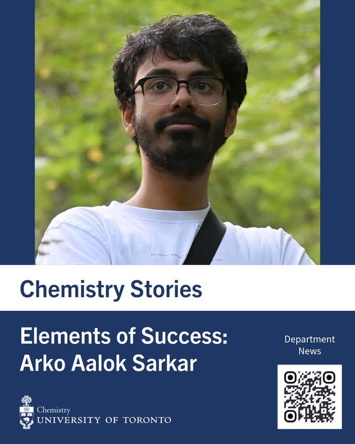 Announcement of a Chemistry department news story, with a photo of principal interviewee(s) and a QR code leading to Chemistry Stories at UofT.