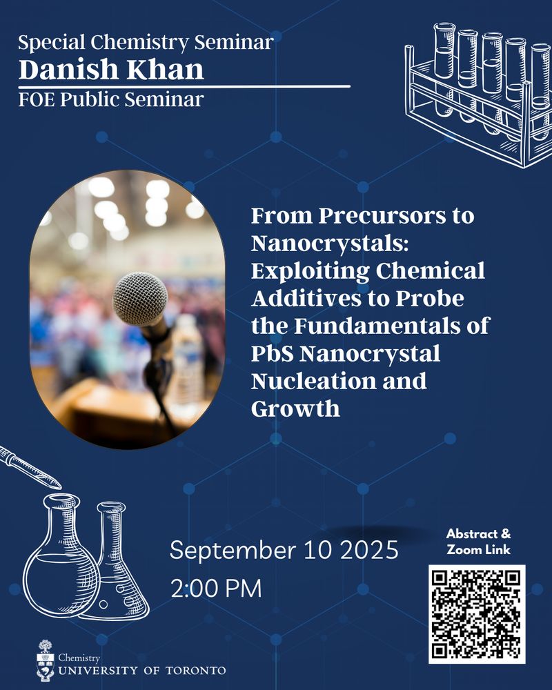 Poster bearing the UofT department of Chemistry logo, a photo of a lecture audience, and the same info, time/date and links as the text of this social post.