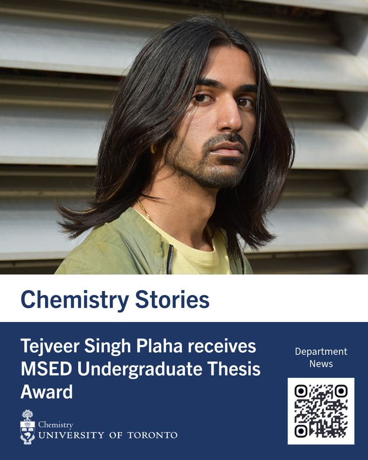 Poster image announcing a news story, with a portrait of featured interviewee, as well as a QR code for interested readers to follow to the Department of Chemistry website.