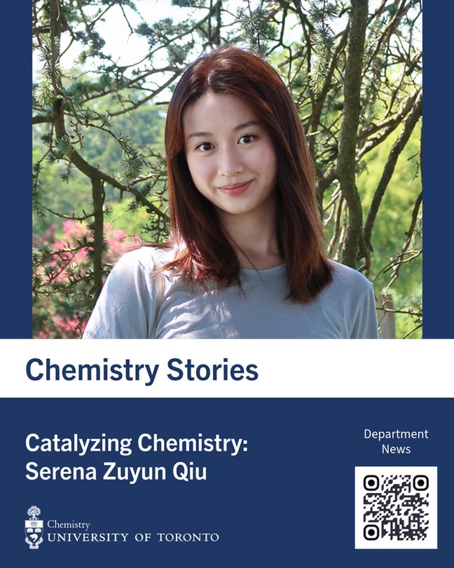 Poster image announcing a news story, with a portrait of featured interviewees, as well as a QR code for interested readers to follow to the Department of Chemistry website.