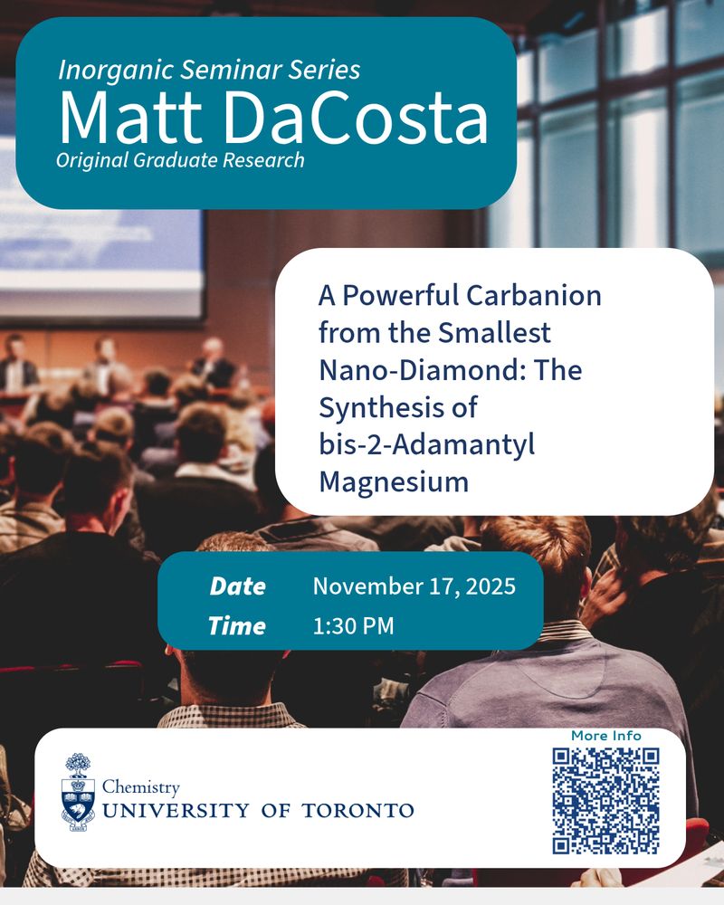 Poster bearing the UofT department of Chemistry logo, a photo of a lecture audience, and the same info, time/date and links as the text of this social post.