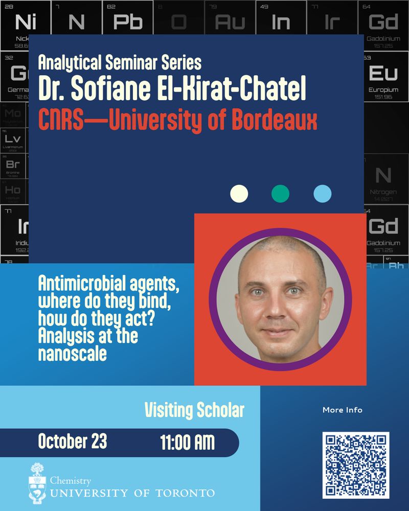 Poster bearing the UofT department of Chemistry logo, a photo of a lecturer, and the same info, time/date and links as the text of this social post.