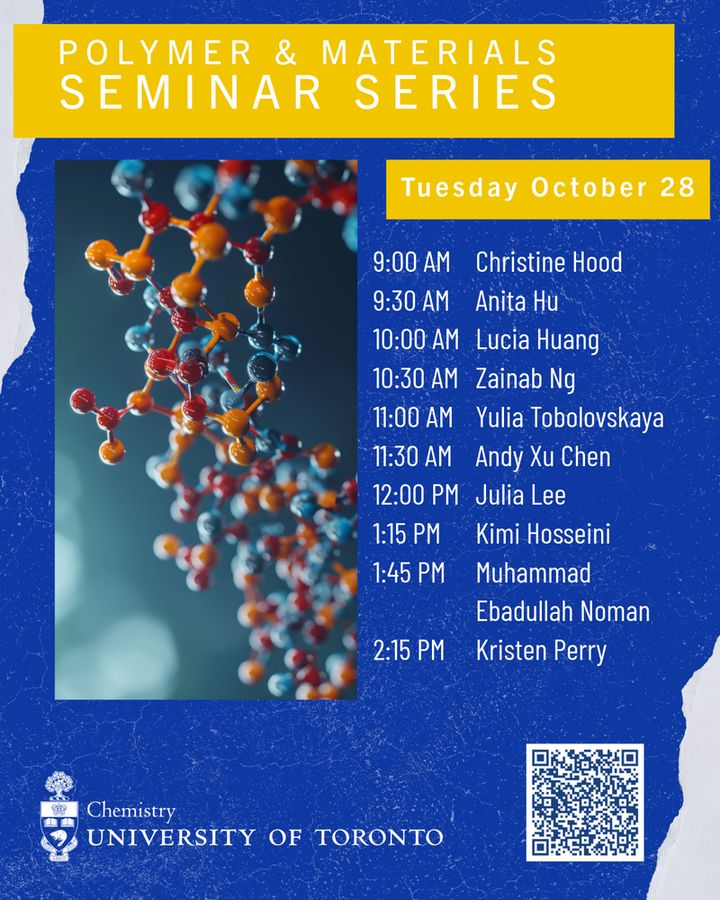 Poster bearing the UofT Department of Chemistry logo, announcement of a seminar series, and the same info, time/date and links as the text of this social post.