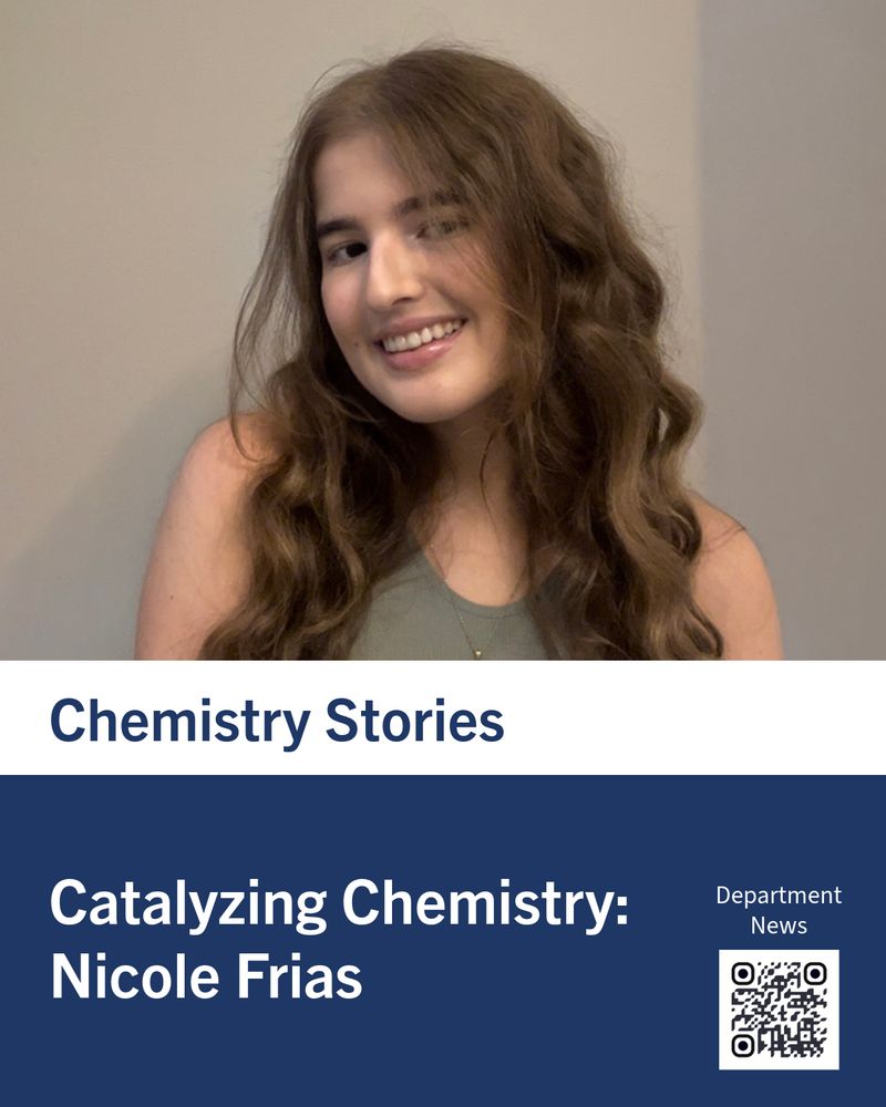 Poster image announcing a news story, with a portrait of featured interviewees, as well as a QR code for interested readers to follow to the Department of Chemistry website.