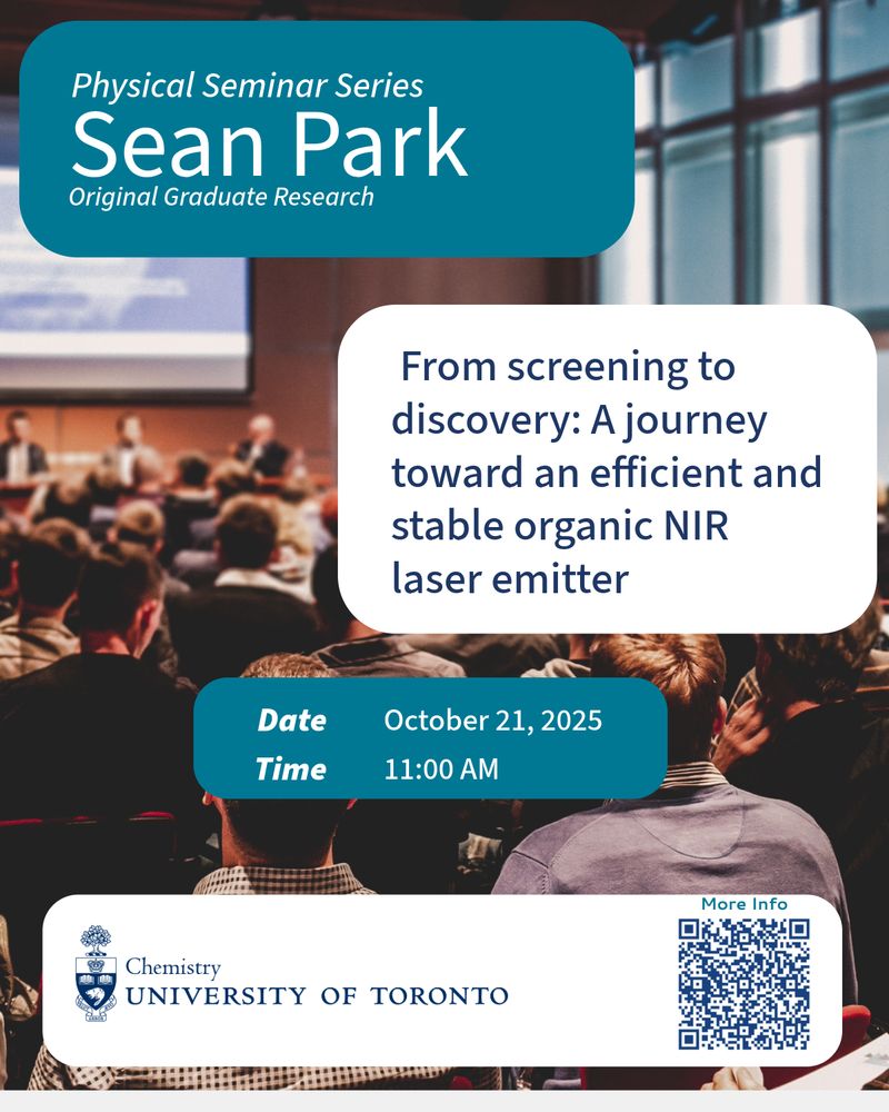 Poster bearing the UofT department of Chemistry logo, a photo of a lecture audience, and the same info, time/date and links as the text of this social post.