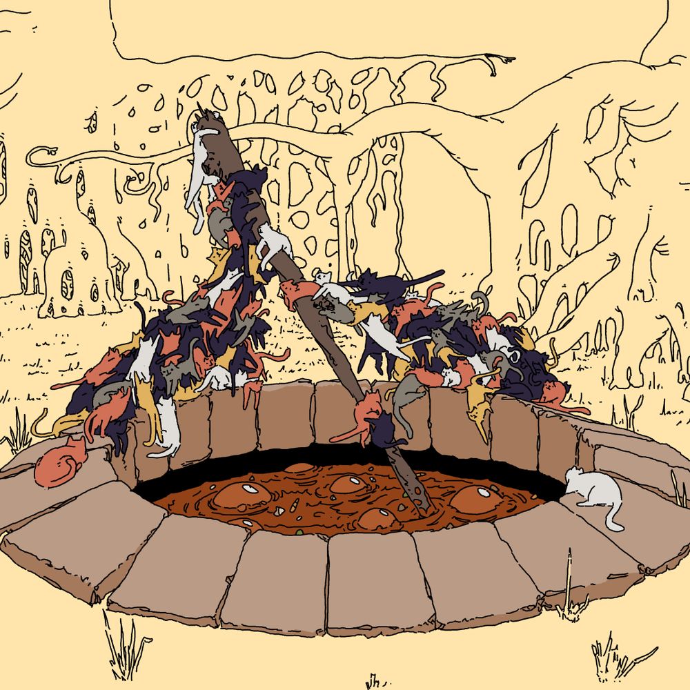 Two piles of various types of cats shift their weight to stir a massive pot of stew that's embedded in the ground.