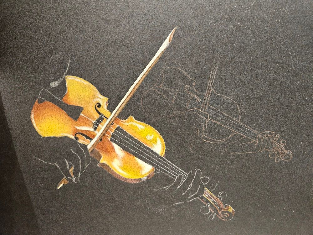 Black paper with two images of hands playing violin- left side has most of the violin colored, hands, face and neck of violin are just outlines. Right upper side has smaller, similar image that is just an outline but the hands are older looking.