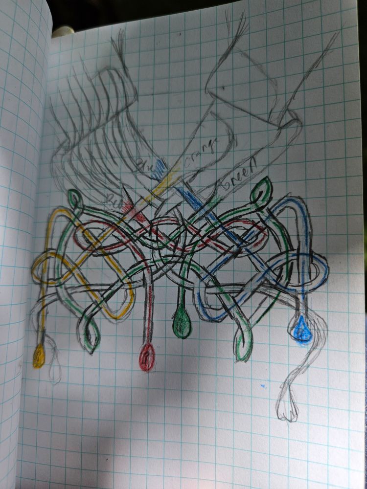 American flag on left, Irish flag on right. Colors "running" from the ends into knotwork. "But as you ascend the ladder, look out below where you tread. For the colors blend as they overflow - red, white, and blue, green white and gold."
