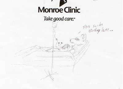 sketch of anthro wolf in a hospital bed with the words "This sucks monkey butt" written above her. Also I must have done this on the hospital paper since "Monroe Clinic. Take Good Care" is at the top.