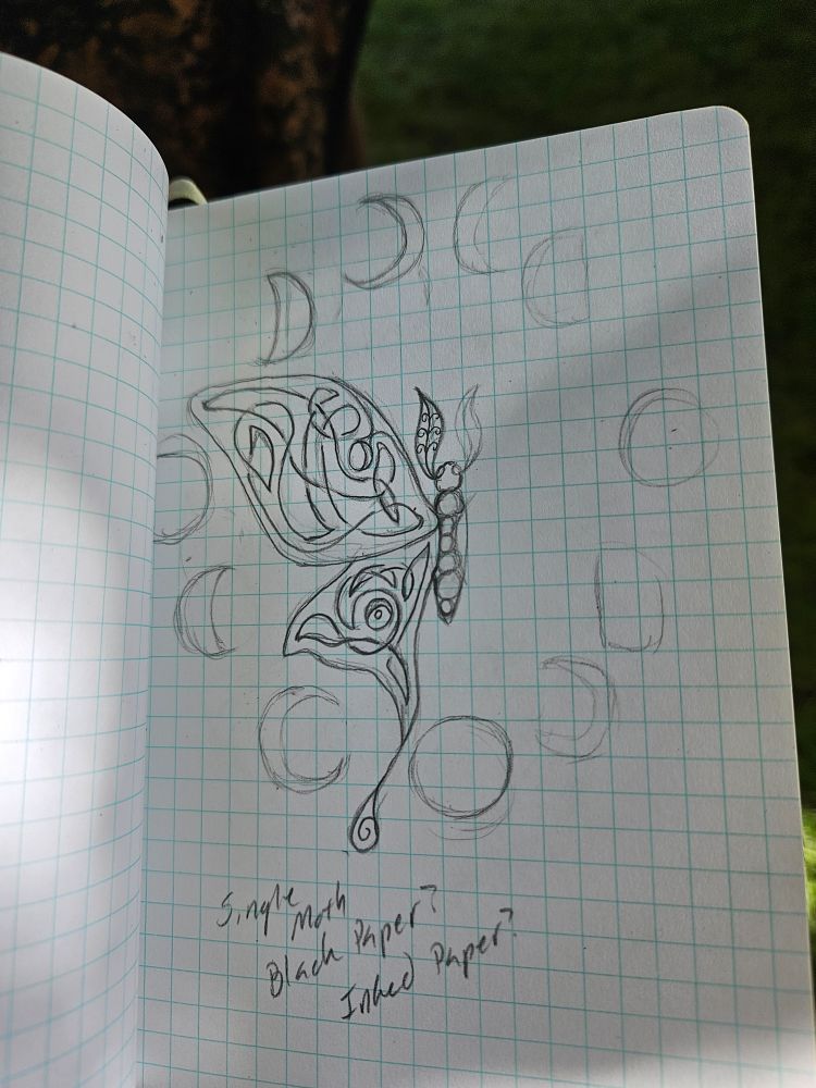 Stylized luna mother sketch (left half) with knotwork in the wings. Surrounded by the moon phases.