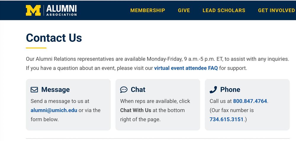 screenshot of UofM alumni association page; includes email alumni@umich.edu and phone 800.847.4764  (My first alt description; tell me how to get better)