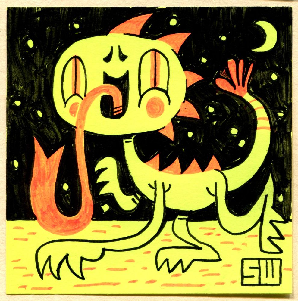 Drawing of a chupacabra in a midcentury illustration style.