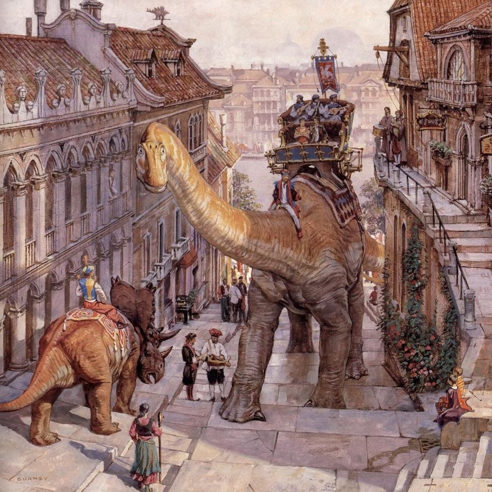 James Gurney illustration of Dinotopia with Bracheosaurus “bus” carrying people through the city streets, along with other pedestrians and dinos milling about
