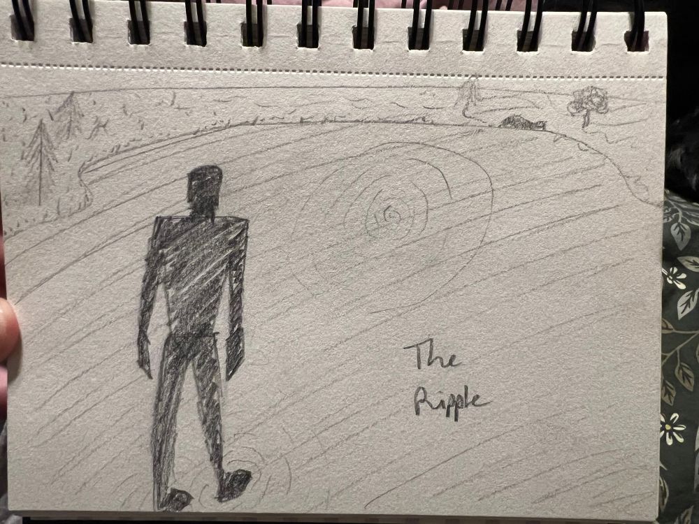 A rough sketch of a landscape with a few trees scattered around it. The landscape is dominated by a lake however, with a silhouette walking across it towards a large ripple in the middle of the water.