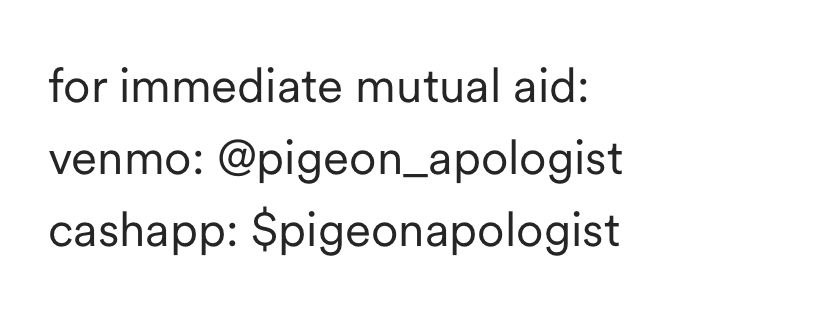 Black text on white background, screenshot from gofundme description that reads:
“for immediate mutual aid:
venmo: @pidgeon_apologist
cashapp: $pigeonapologist”
