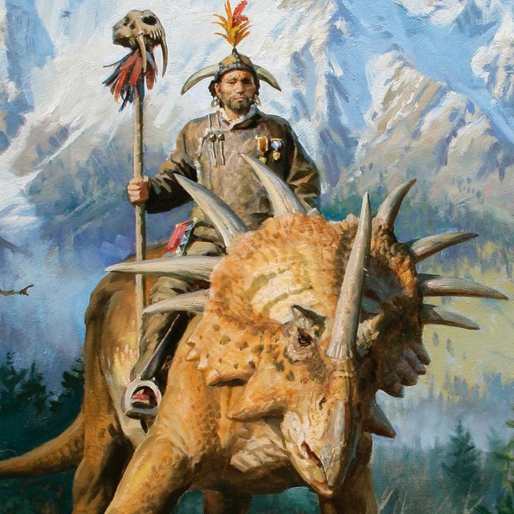 James Gurney illustration of a man sitting on top of a dinosaur that I cannot easily identify, but looks similar to a triceratops but with 8 large horns around its frill and one on its nose/beak